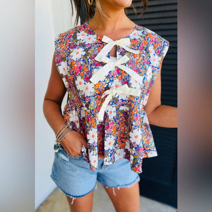 Julia - Rose green floral print bow top