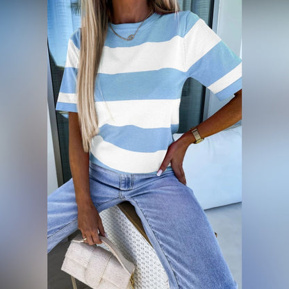 Aria- Striped Blue and White Women's Knit Top