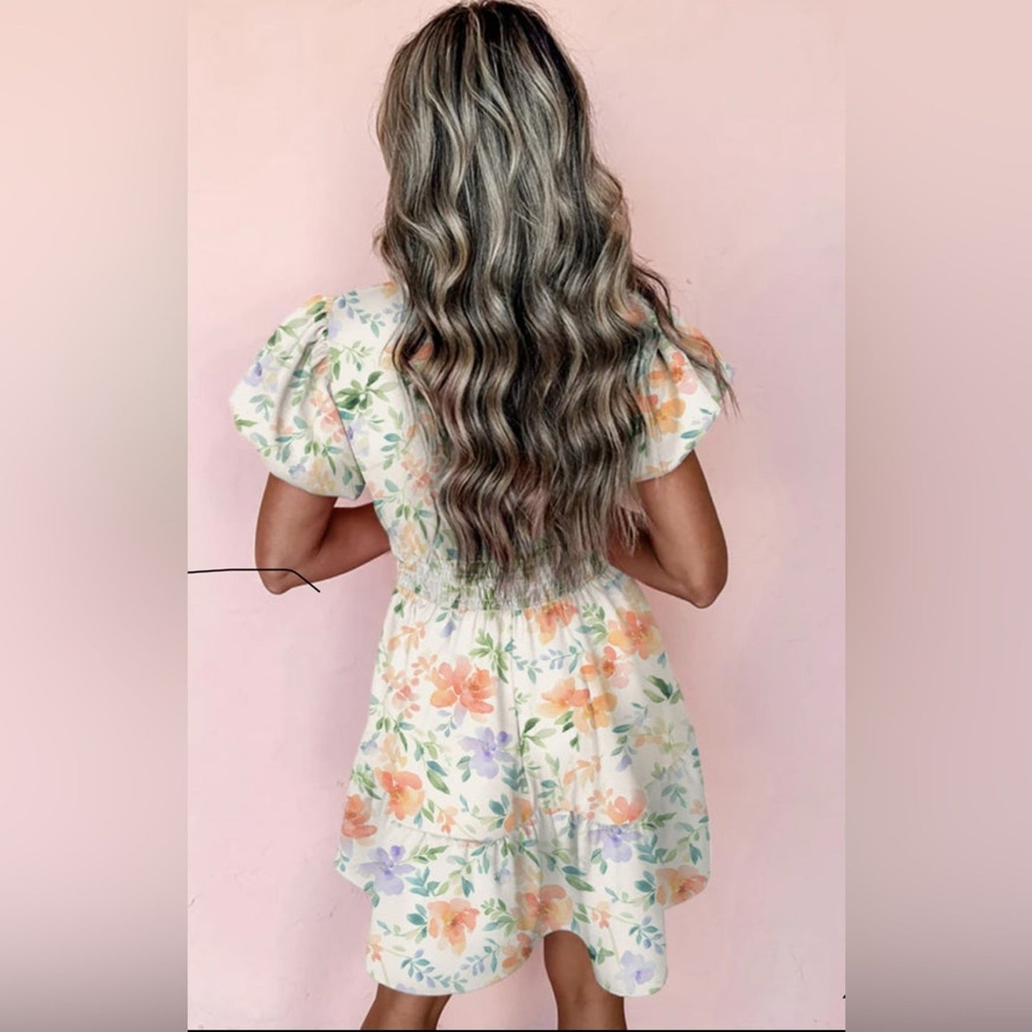 Rosi- beige print shirred high waist puff sleeve mini dress