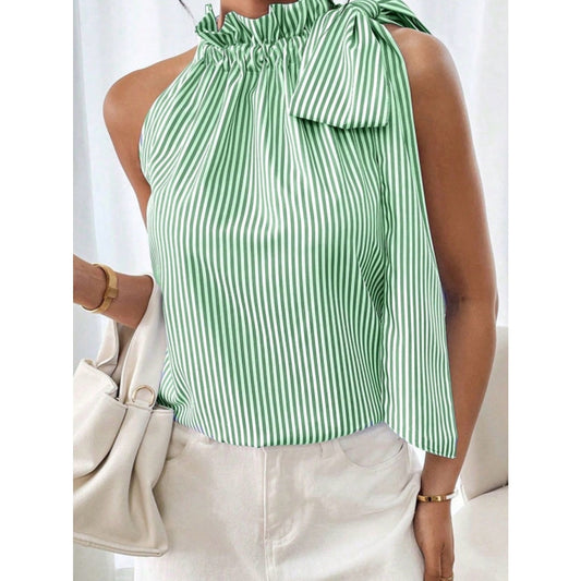Kam Striped Green Halter Bow-Shoulder Top - Women