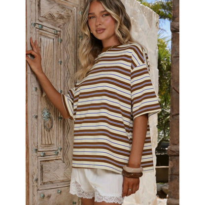 Sloane Striped Crewneck Tee - Brown & Cream