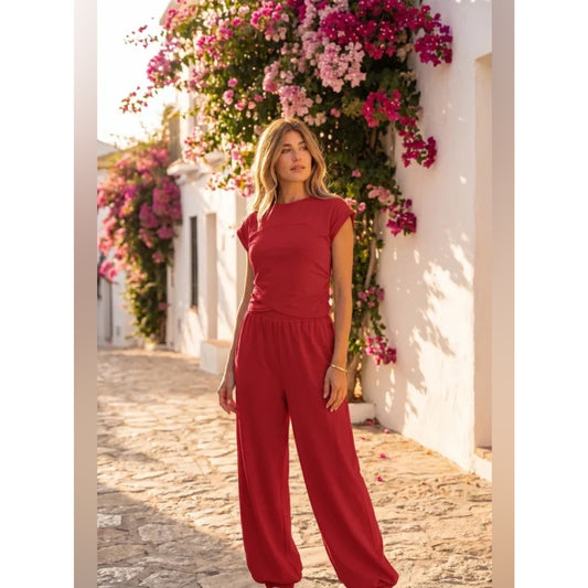 Eva - Women’s Red Wide-Leg Set