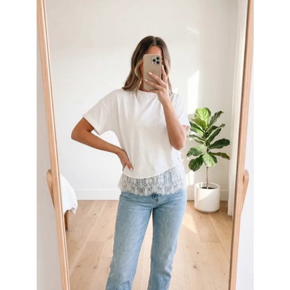 Kate White Lace-Hem Short Sleeve Top - Women