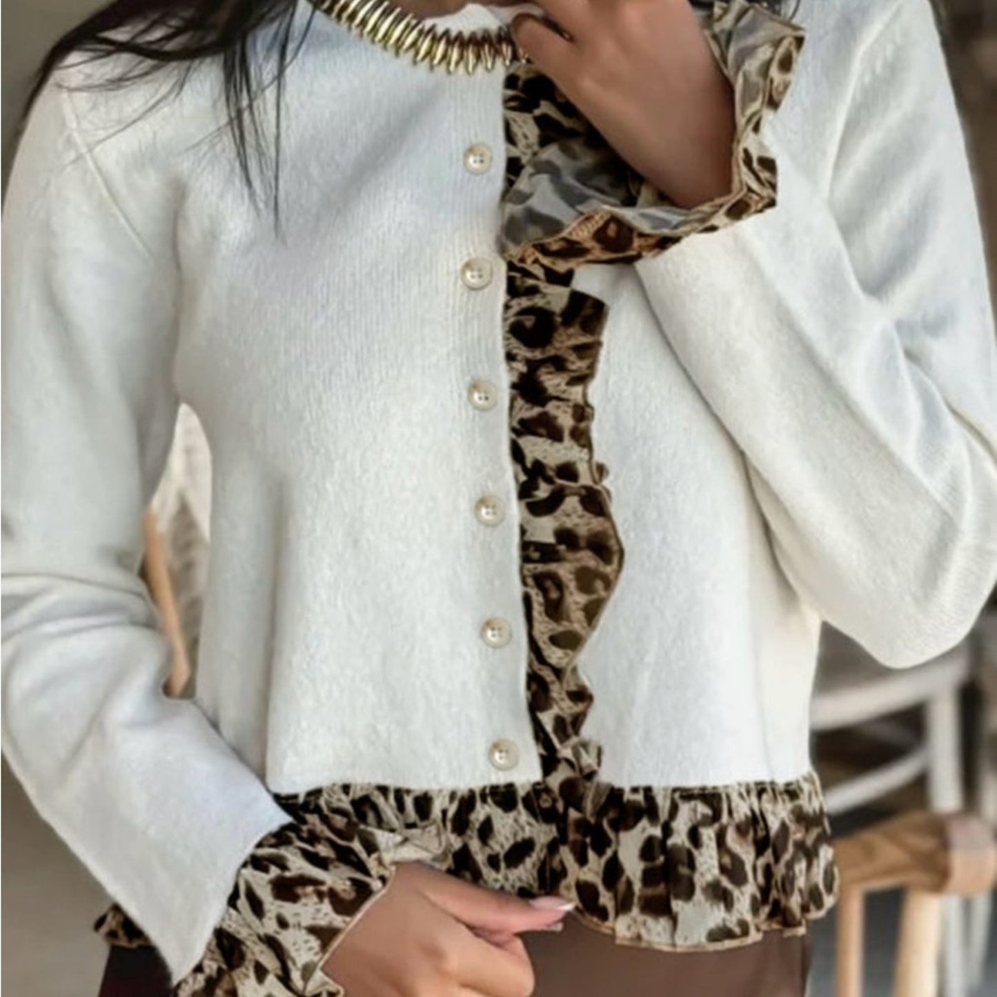 Rowan - Leopard Trim White Cardigan Sweater