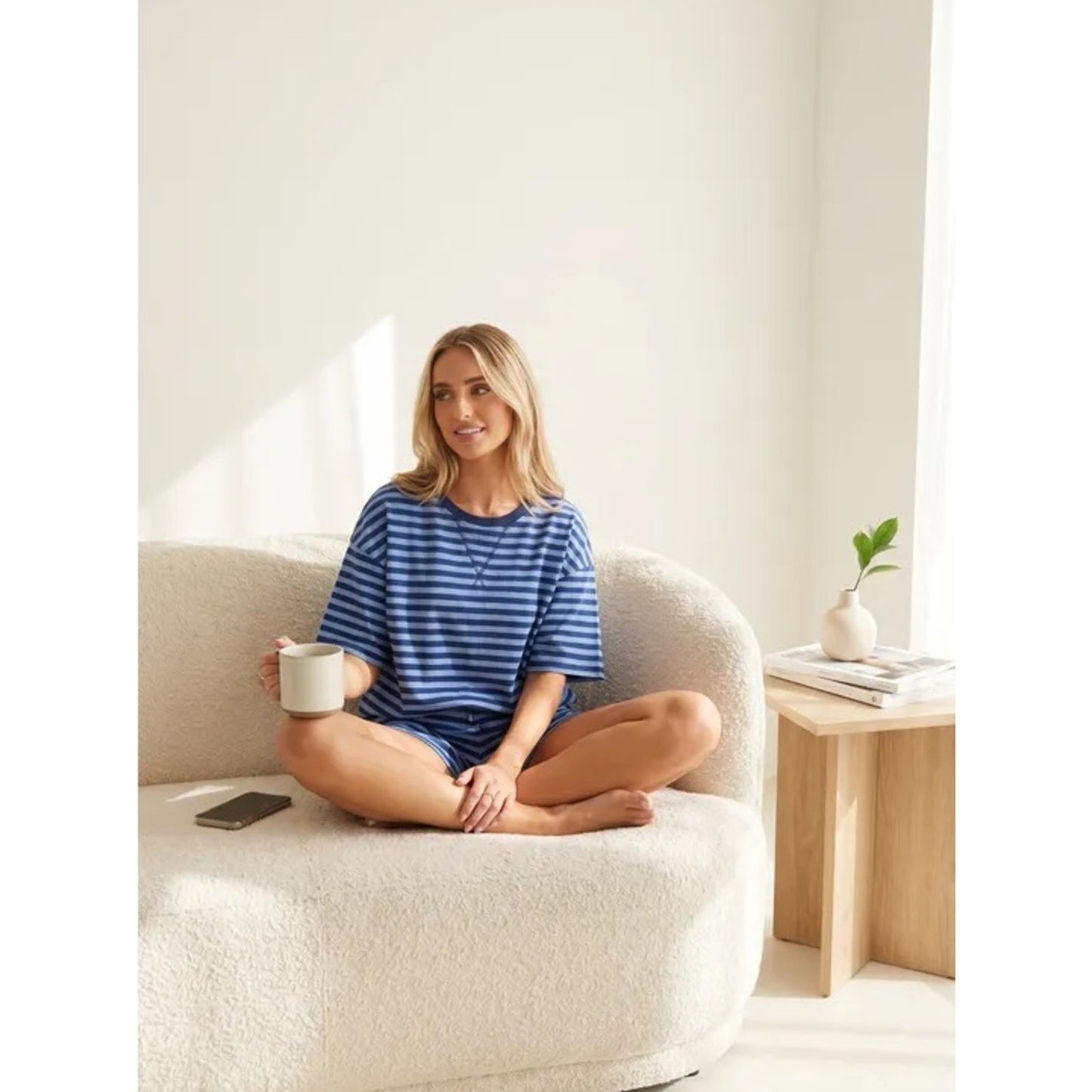 Palmer Women's Blue Striped Short Set - Lightweight Lounge Tee & Shorts