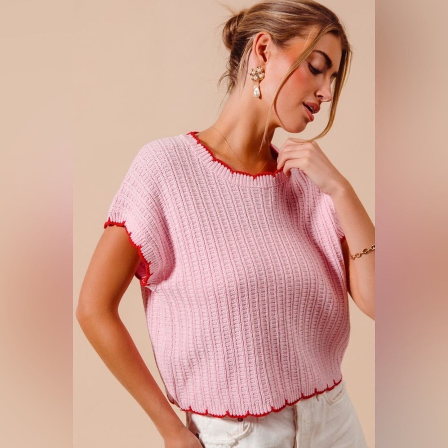 Ava- Pink Ribbed Knit Top with Red Trim