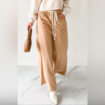 Emilia- Tan Polka Dot Wide-Leg Pants
