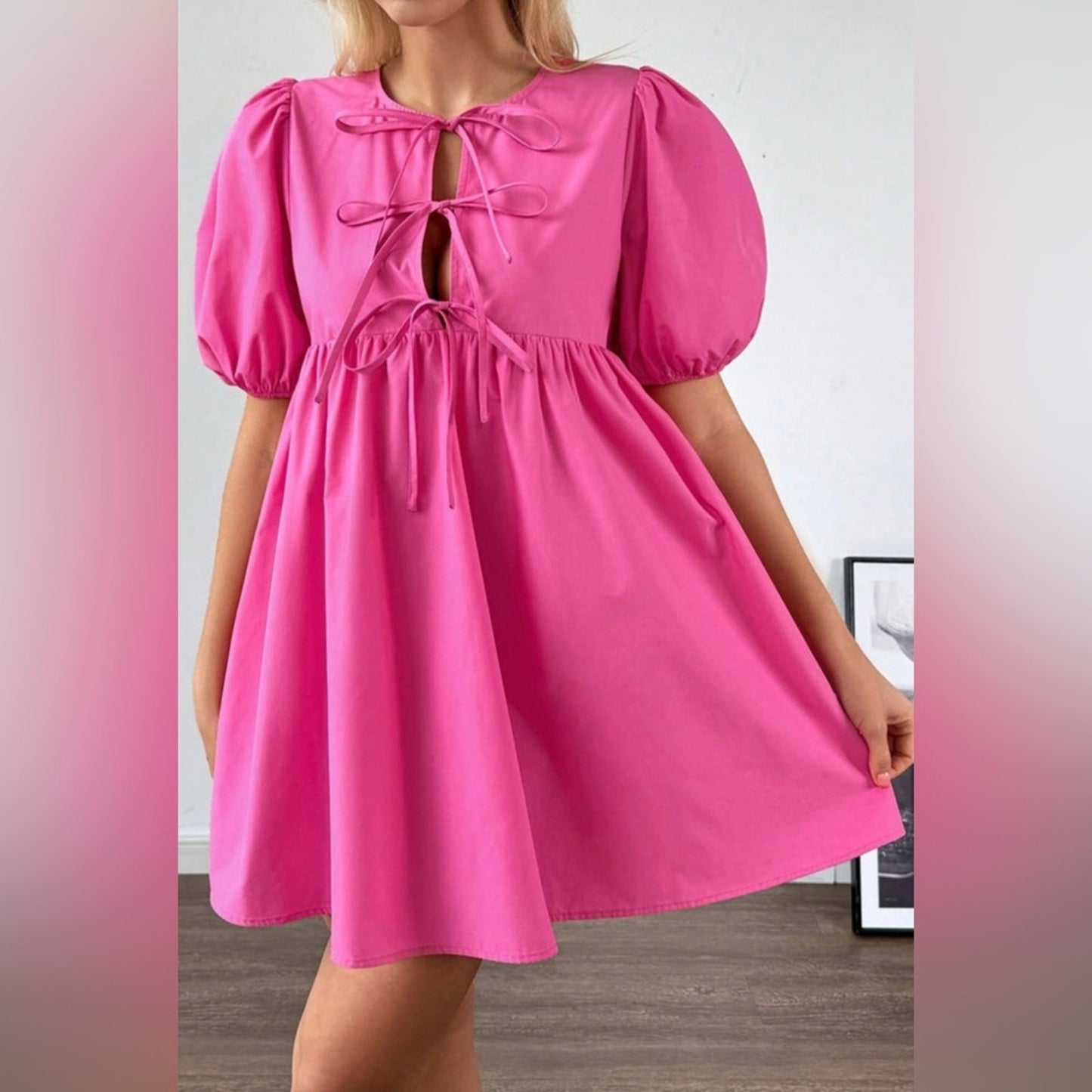 Belle- Pink Puff Sleeve Bow Dress