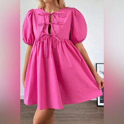 Belle- Pink Puff Sleeve Bow Dress