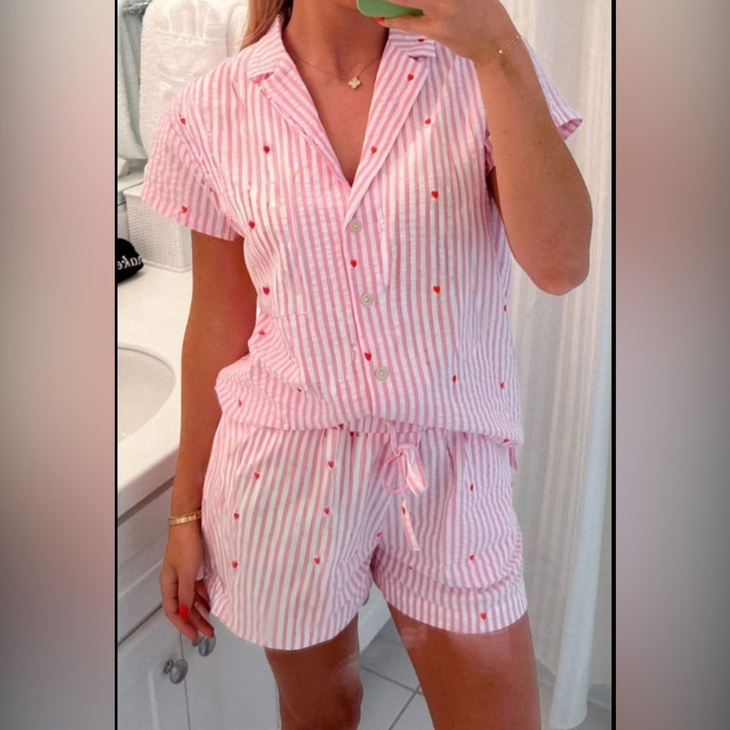 Harleigh - Pink Striped Pajamas with Red Hearts