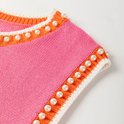 Billie- Pink and Orange Sleeveless Top with Pearl Detailing