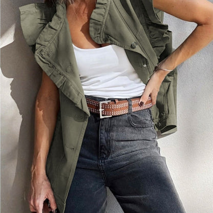 Amber- Ruffled Olive Green Denim Vest