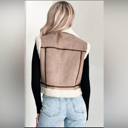 Jenna -Khaki Sherpa Lined Collar Vest