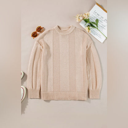 Ivy pale khaki solid color cable knit ribbed loose sweater