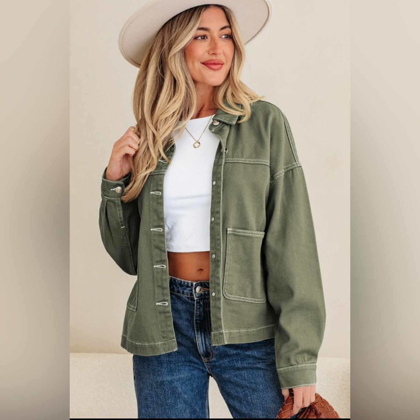 Luna - Olive Green Boyfriend Denim Jacket