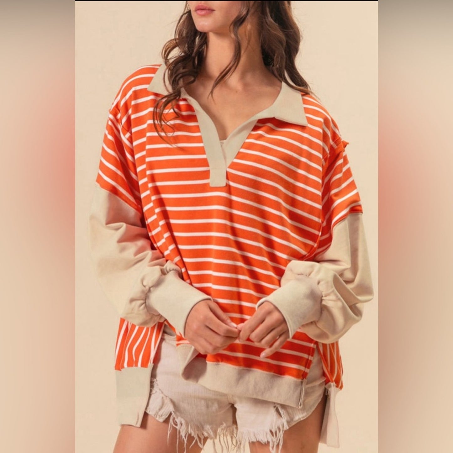 Jessie - stripe Colorblock loose fit shoulder drop top