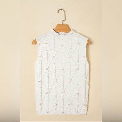 Pricilla- Elegant White Sleeveless Pearl Sweater Vest