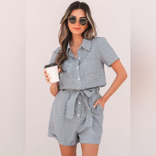 Cece- blue stripe pocketed high waisted jumper