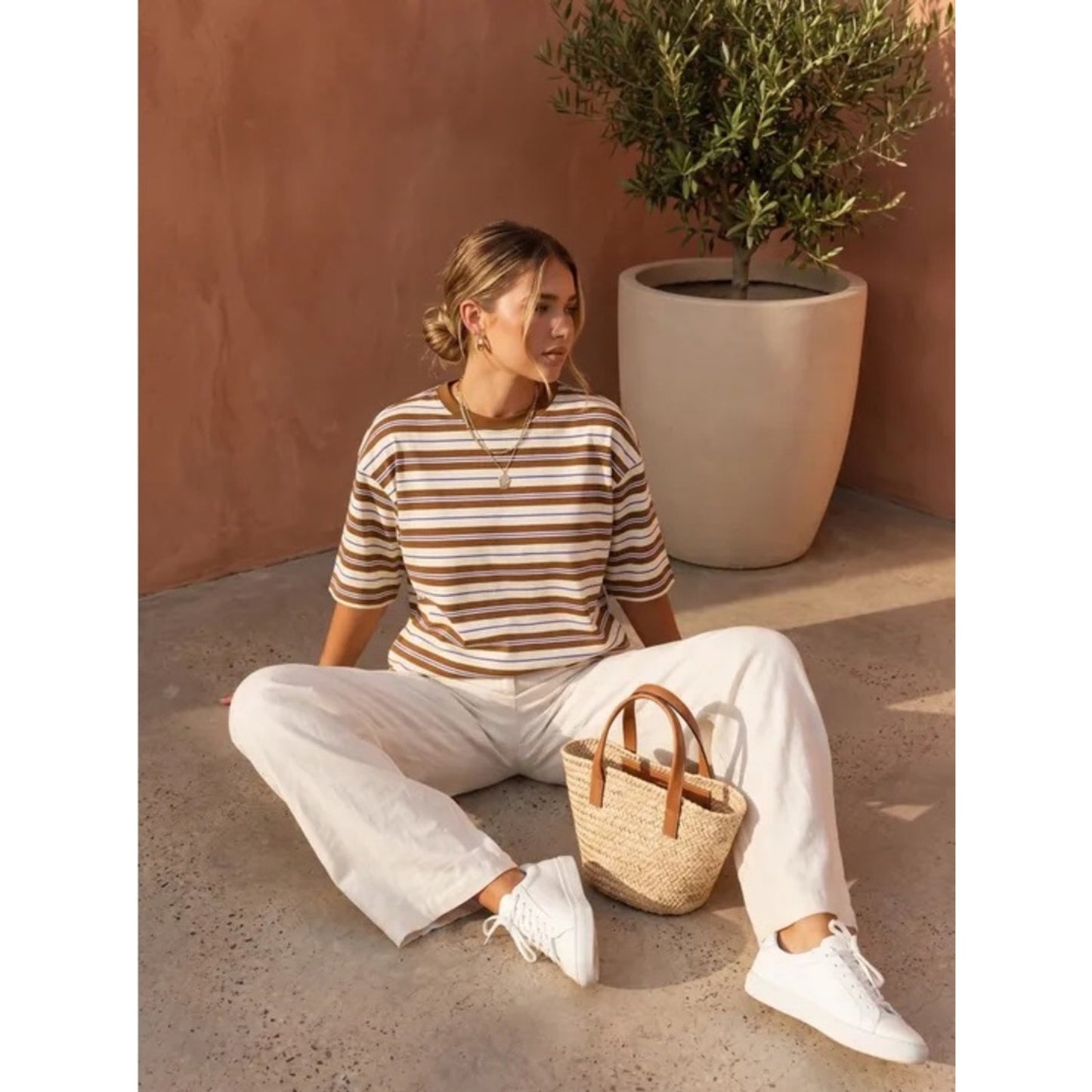 Sloane Striped Crewneck Tee - Brown & Cream