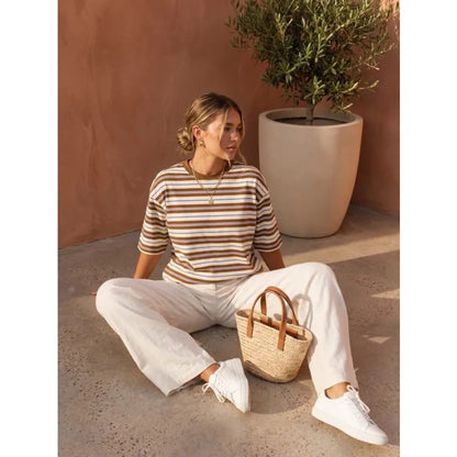 Sloane Striped Crewneck Tee - Brown & Cream