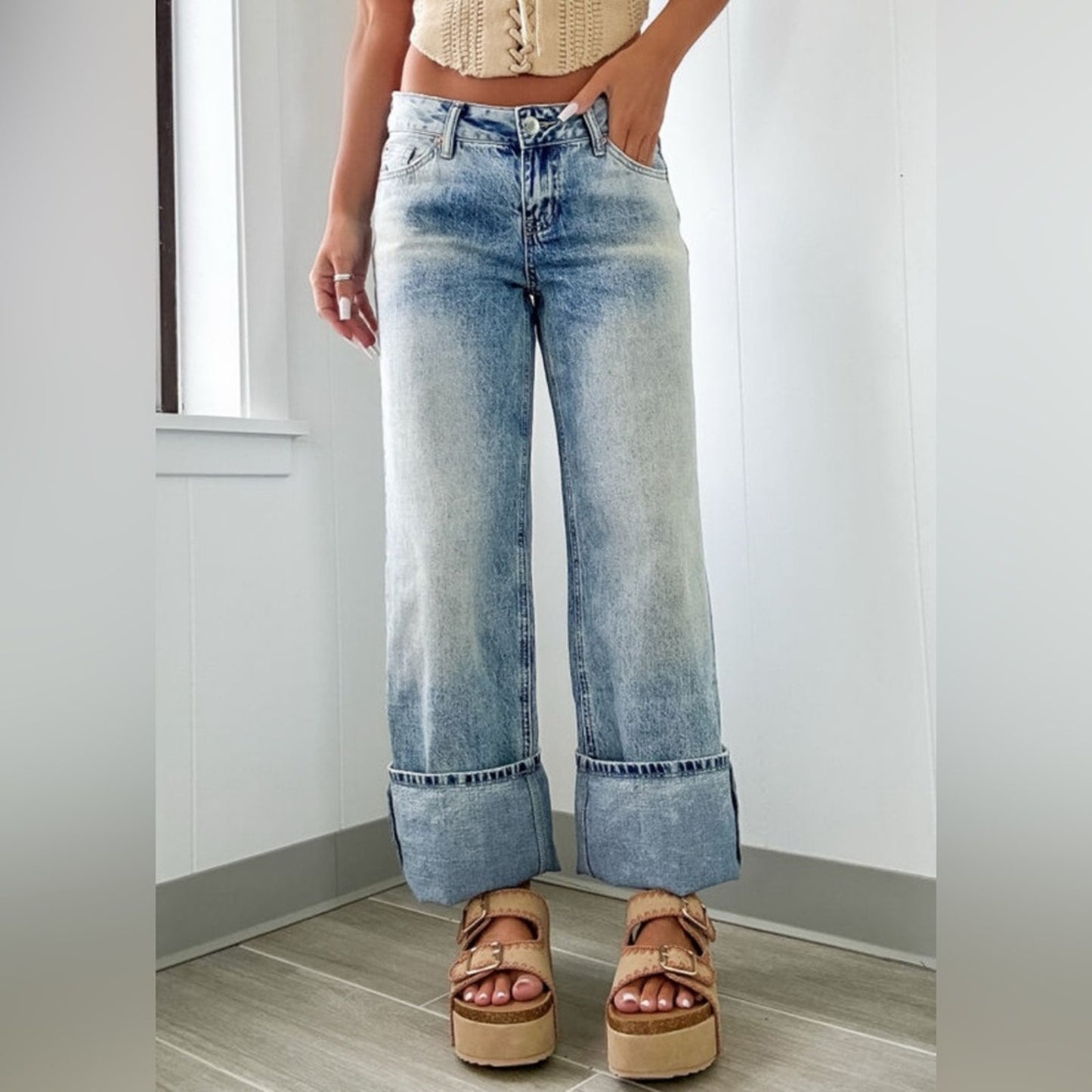 Becca high rise button light/medium wash cuffed jeans