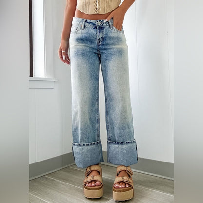 Becca high rise button light/medium wash cuffed jeans