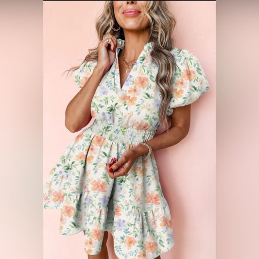 Rosi- beige print shirred high waist puff sleeve mini dress