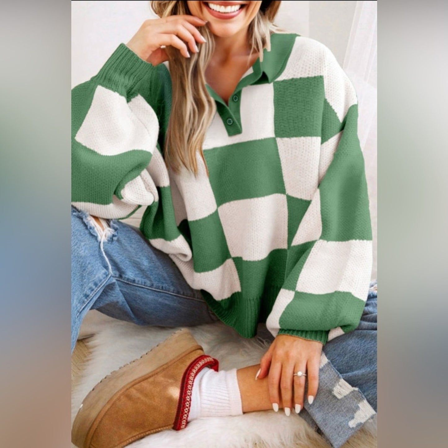 Brylee- Green and White Checkered Sweater