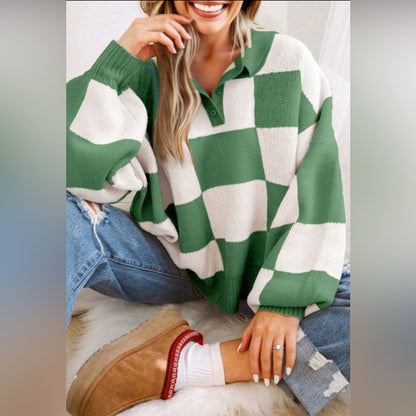 Brylee- Green and White Checkered Sweater