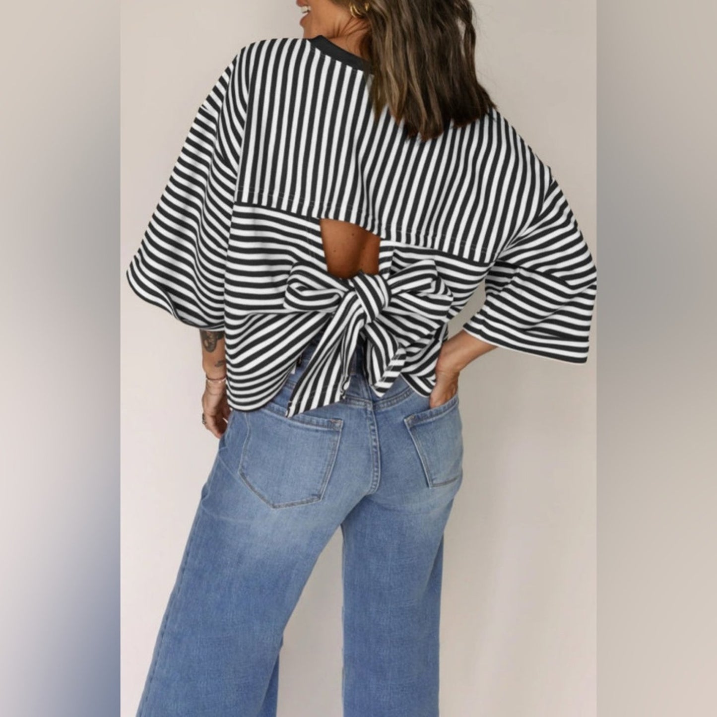Gianna- Bow Striped Black and White Women's Top