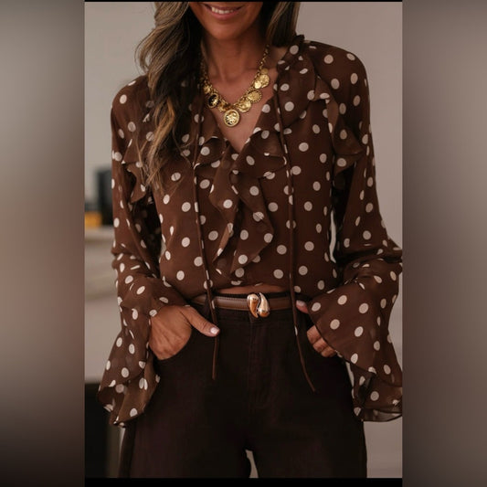 Britney - Brown Polka Dot Ruffle Blouse