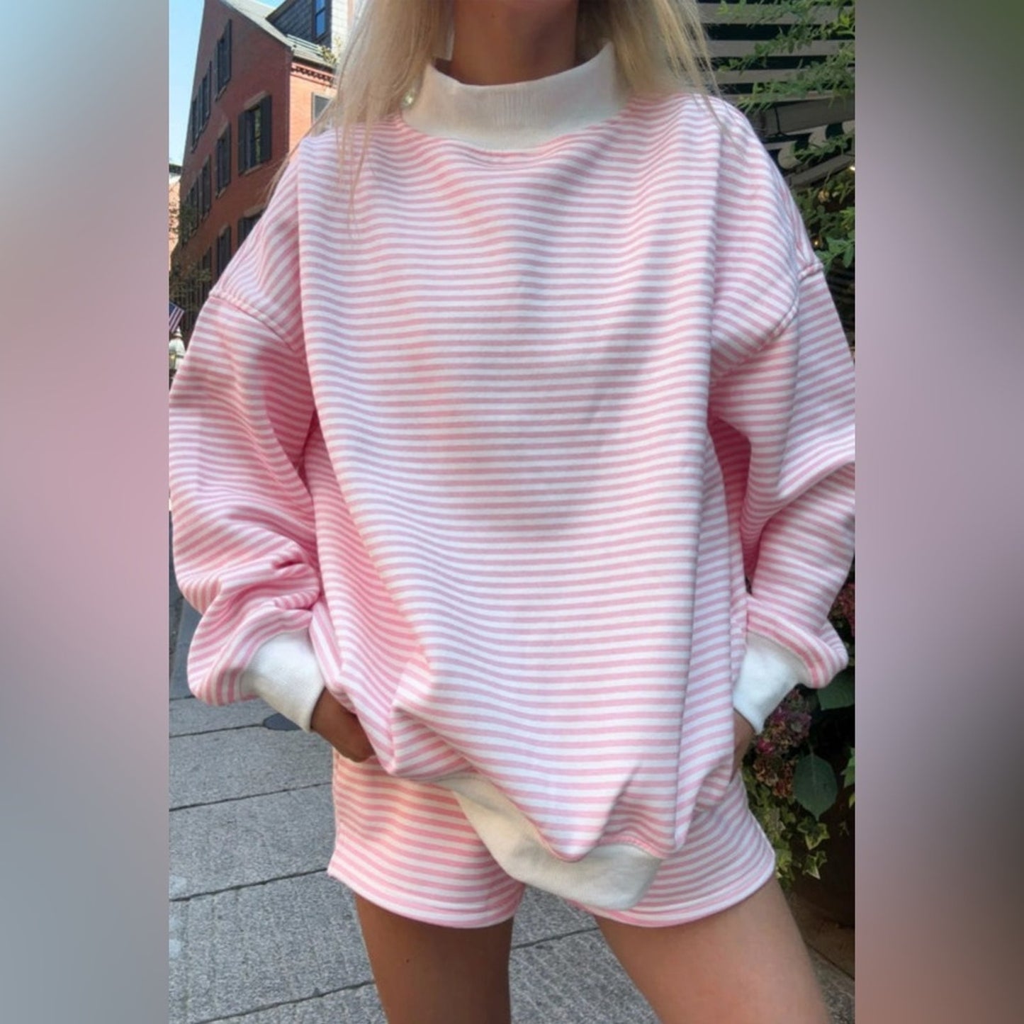 Scarlett- Pink and White Striped Sweatshirt Mock Neck set