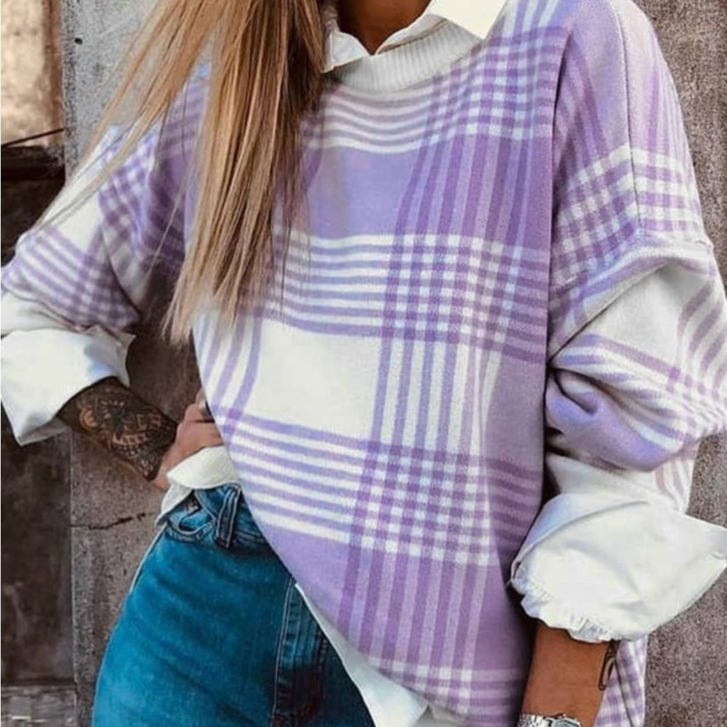 Kathryn- Lilac Plaid Print Sweater