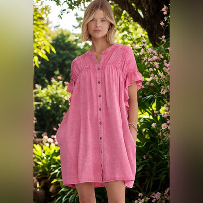 Raven - Pink Button-Down Ruffle Dress
