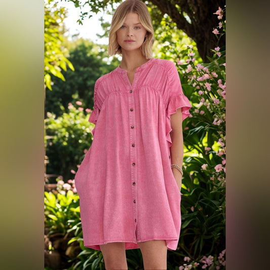 Raven - Pink Button-Down Ruffle Dress