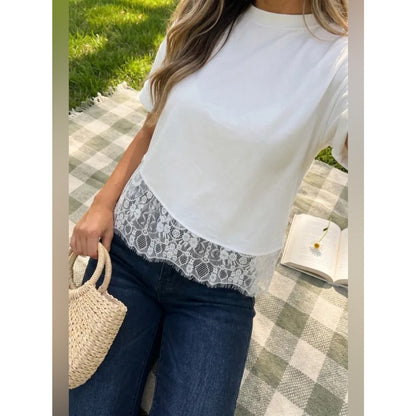 Kate White Lace-Hem Short Sleeve Top - Women