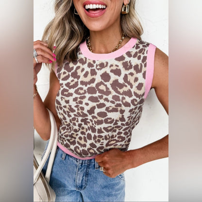 Kasey- Leopard Print Sleeveless Top with Pink Trim