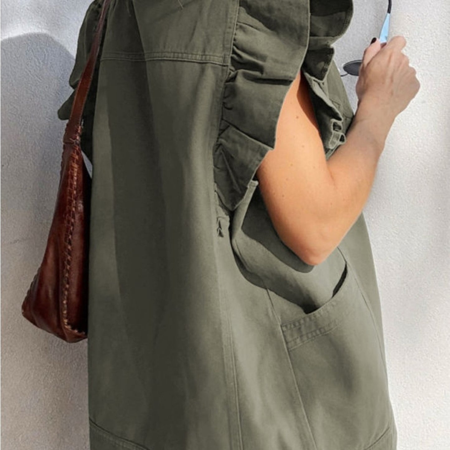 Amber- Ruffled Olive Green Denim Vest