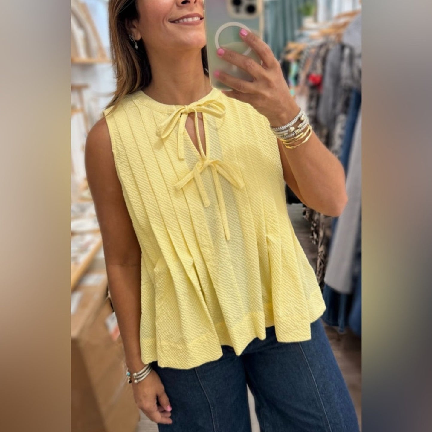 Gigi- Yellow Sleeveless Top with Bow Detail
