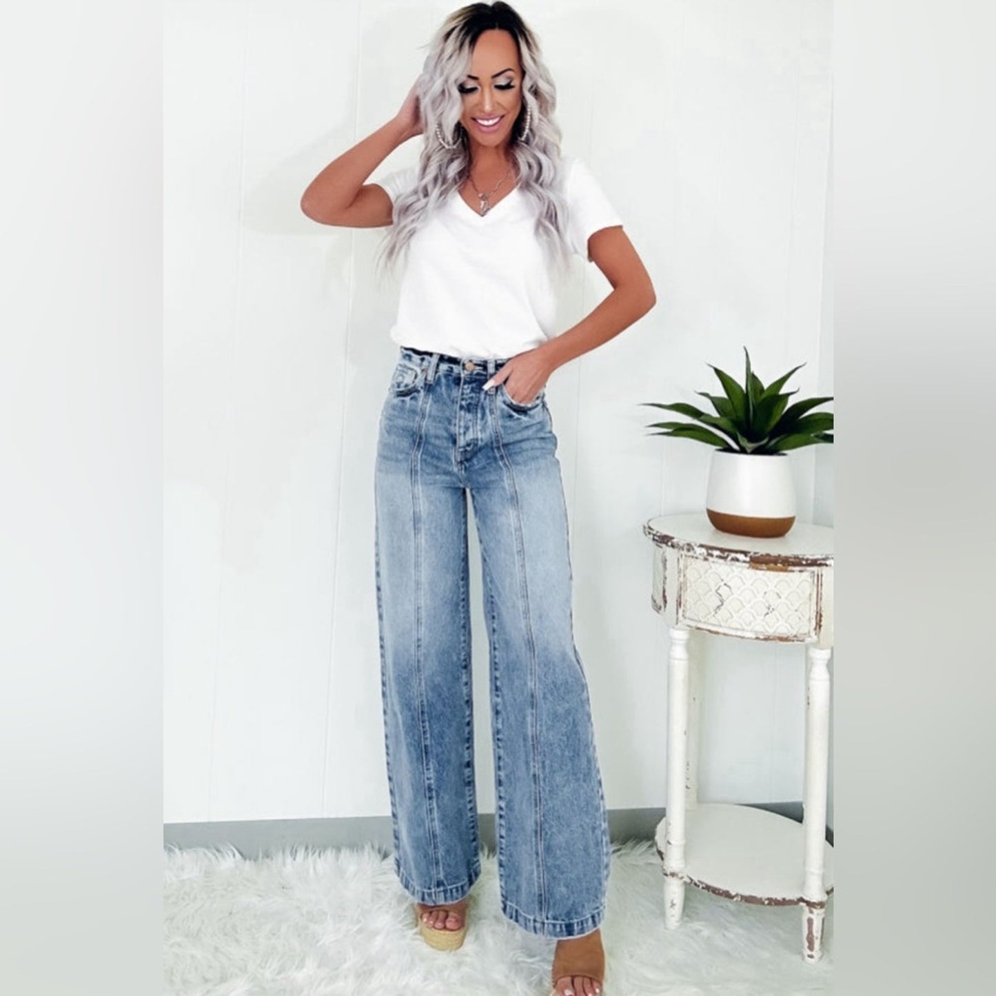 Kenna- blue seamed wide leg high waist jeans