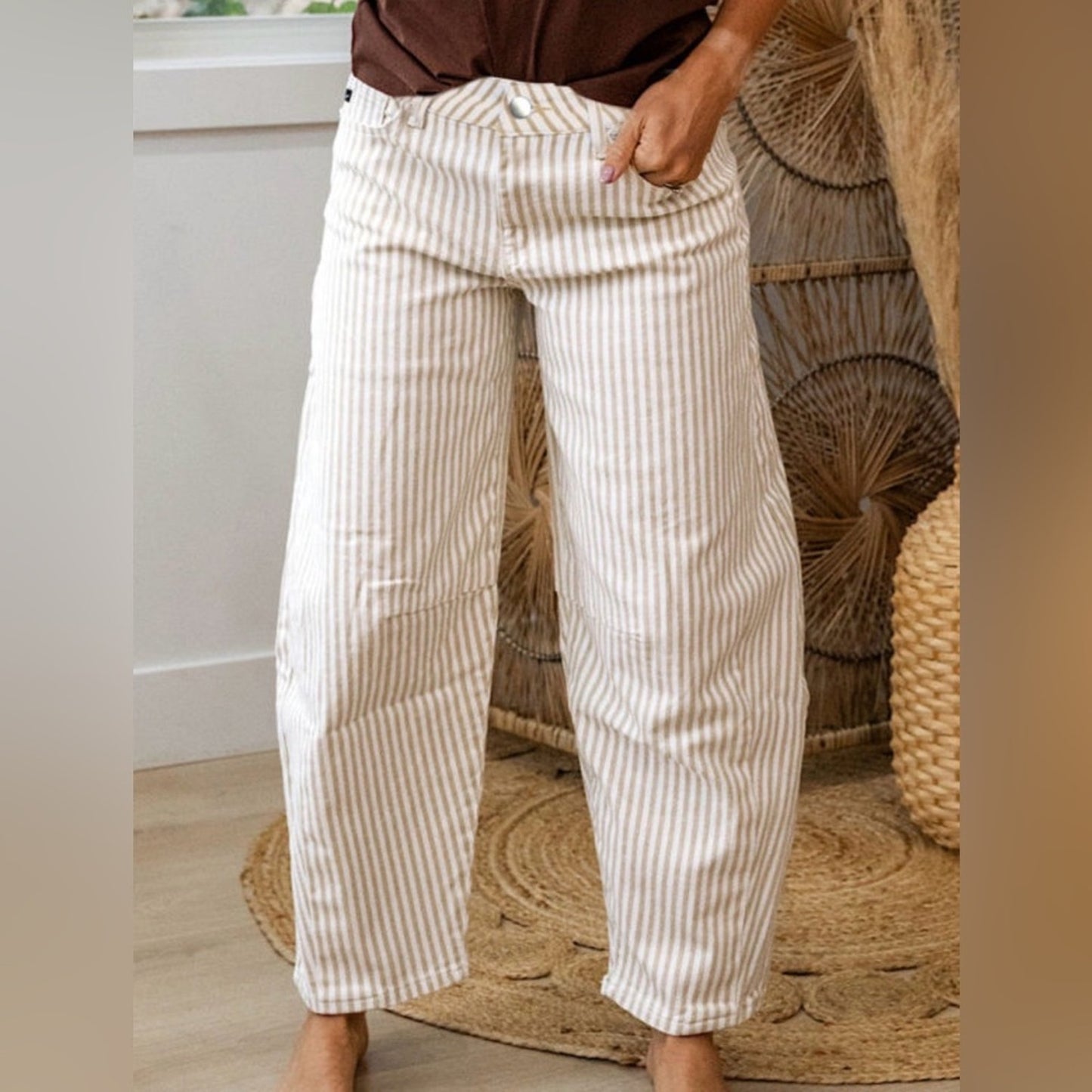 June- Khaki Stripe Barrel Jeans
