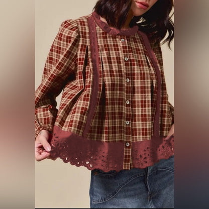 Kassie- Red Plaid Ruffle Trim Blouse