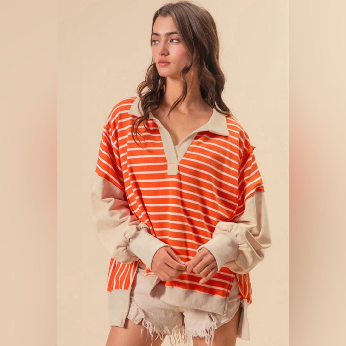 Jessie - stripe Colorblock loose fit shoulder drop top