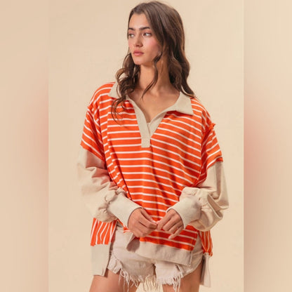 Jessie - stripe Colorblock loose fit shoulder drop top