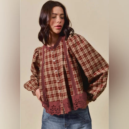 Kassie- Red Plaid Ruffle Trim Blouse