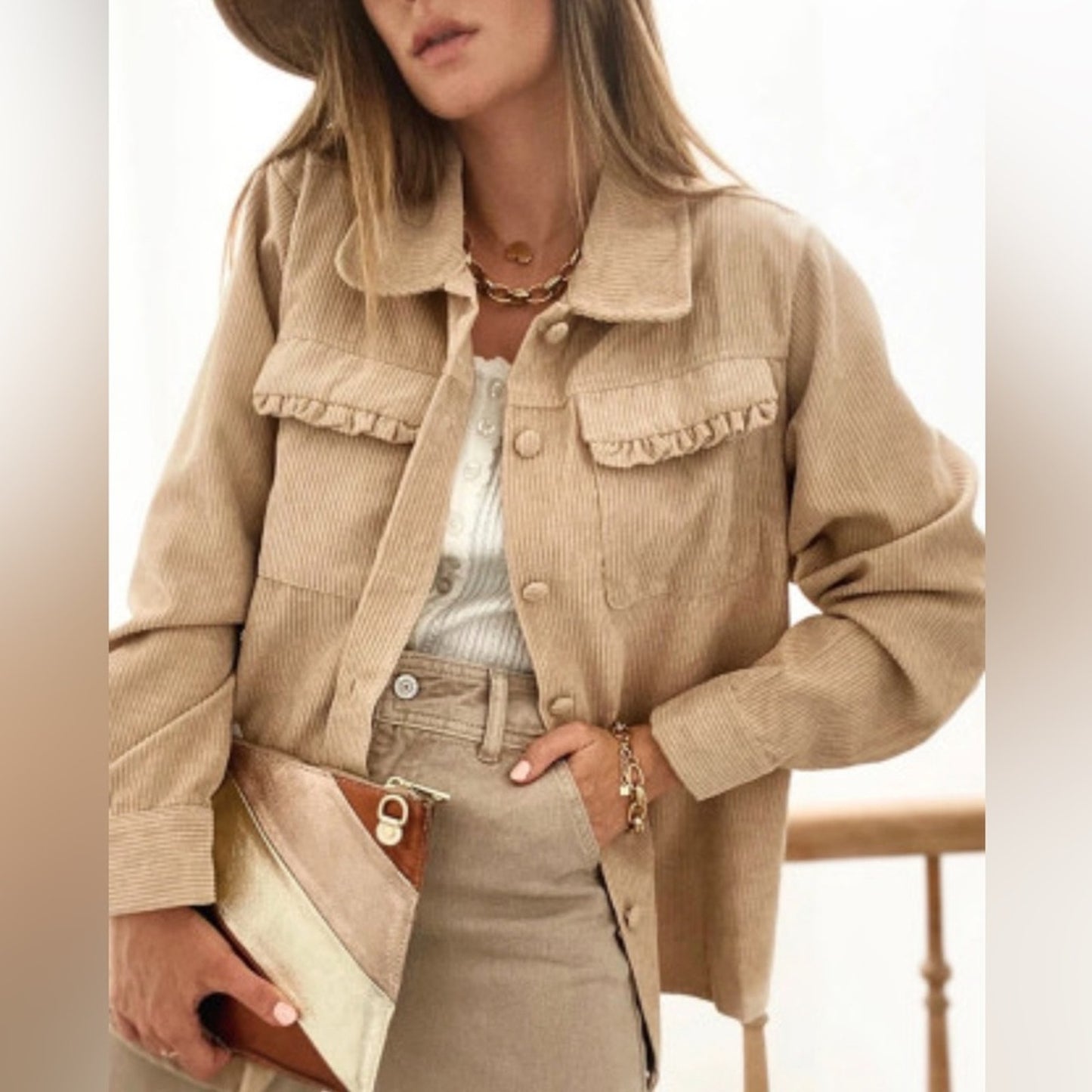 Jolie ruffle pocket button up shacket