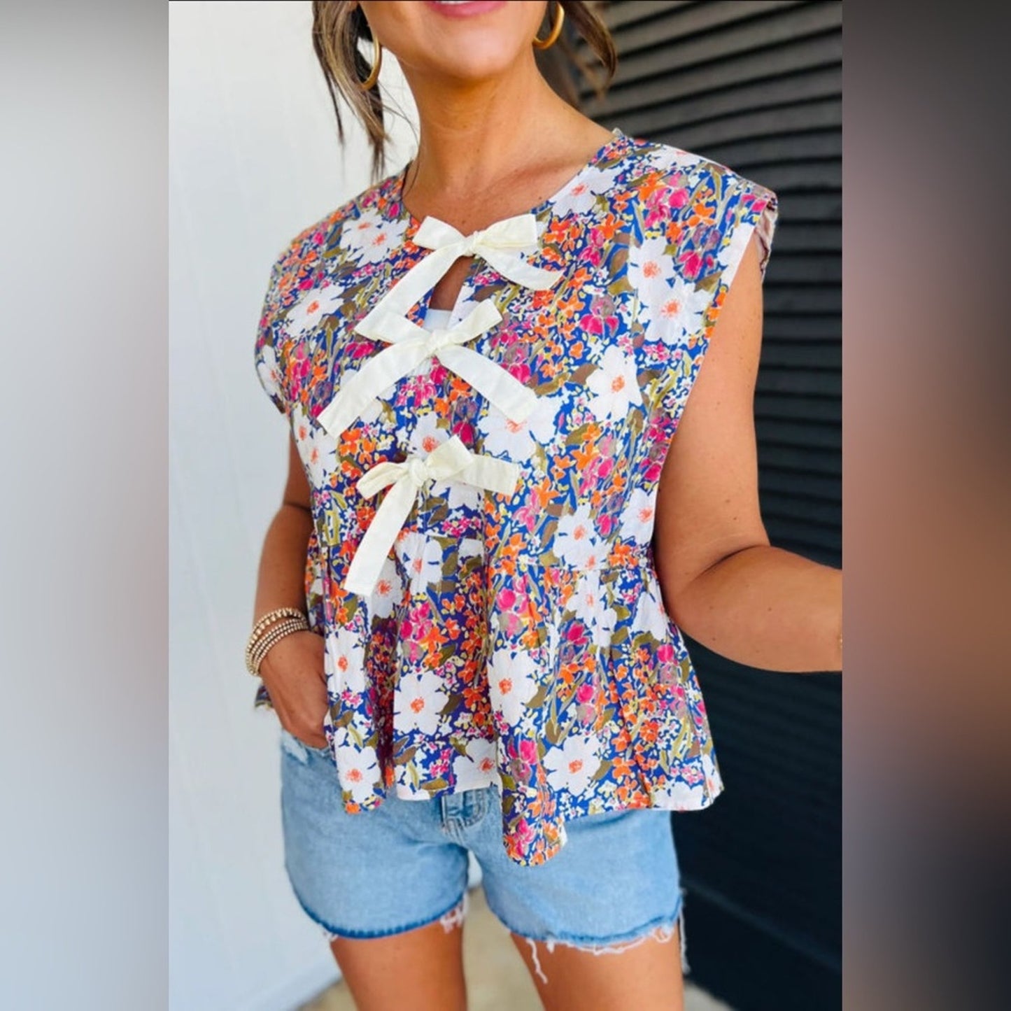 Julia - Rose green floral print bow top