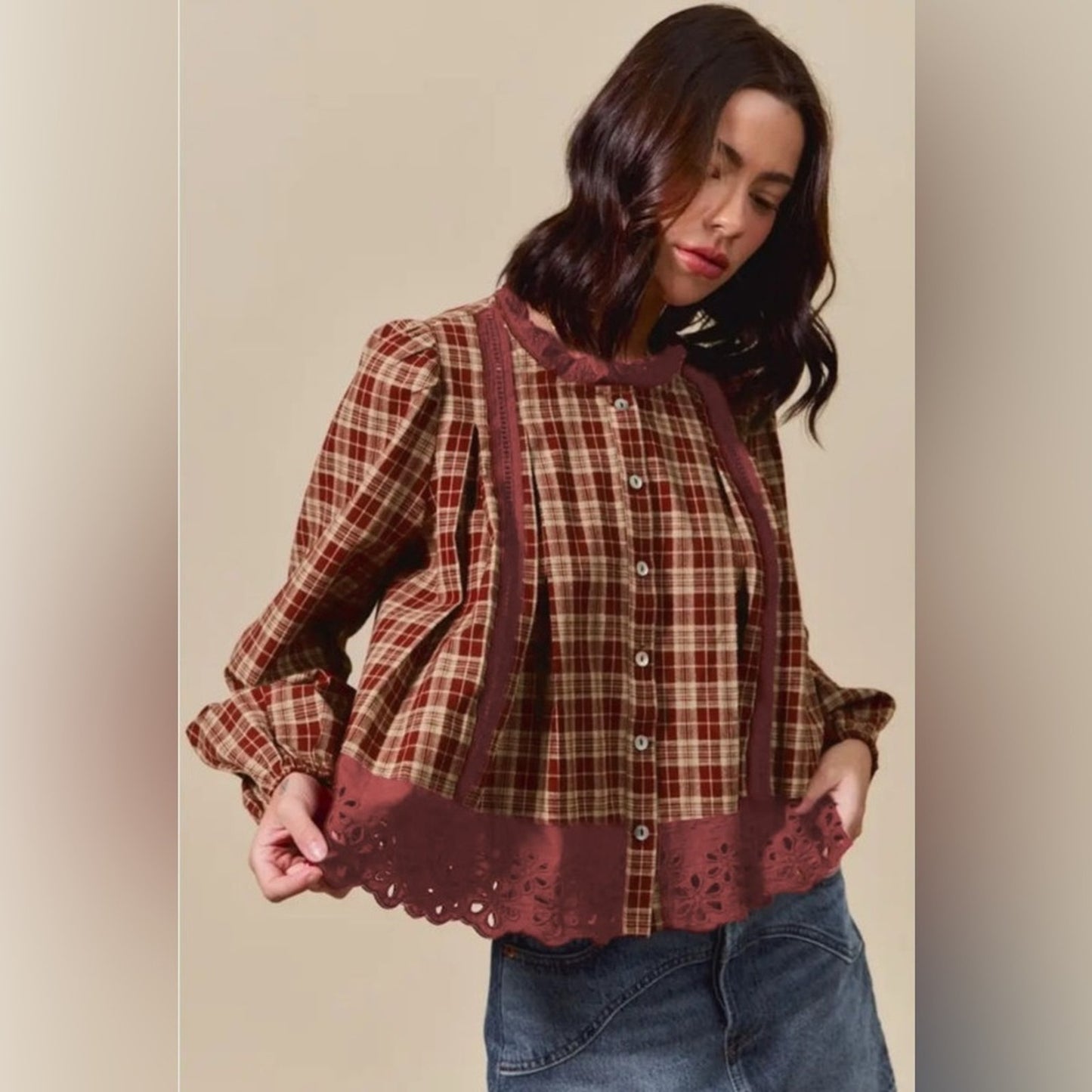 Kassie- Red Plaid Ruffle Trim Blouse
