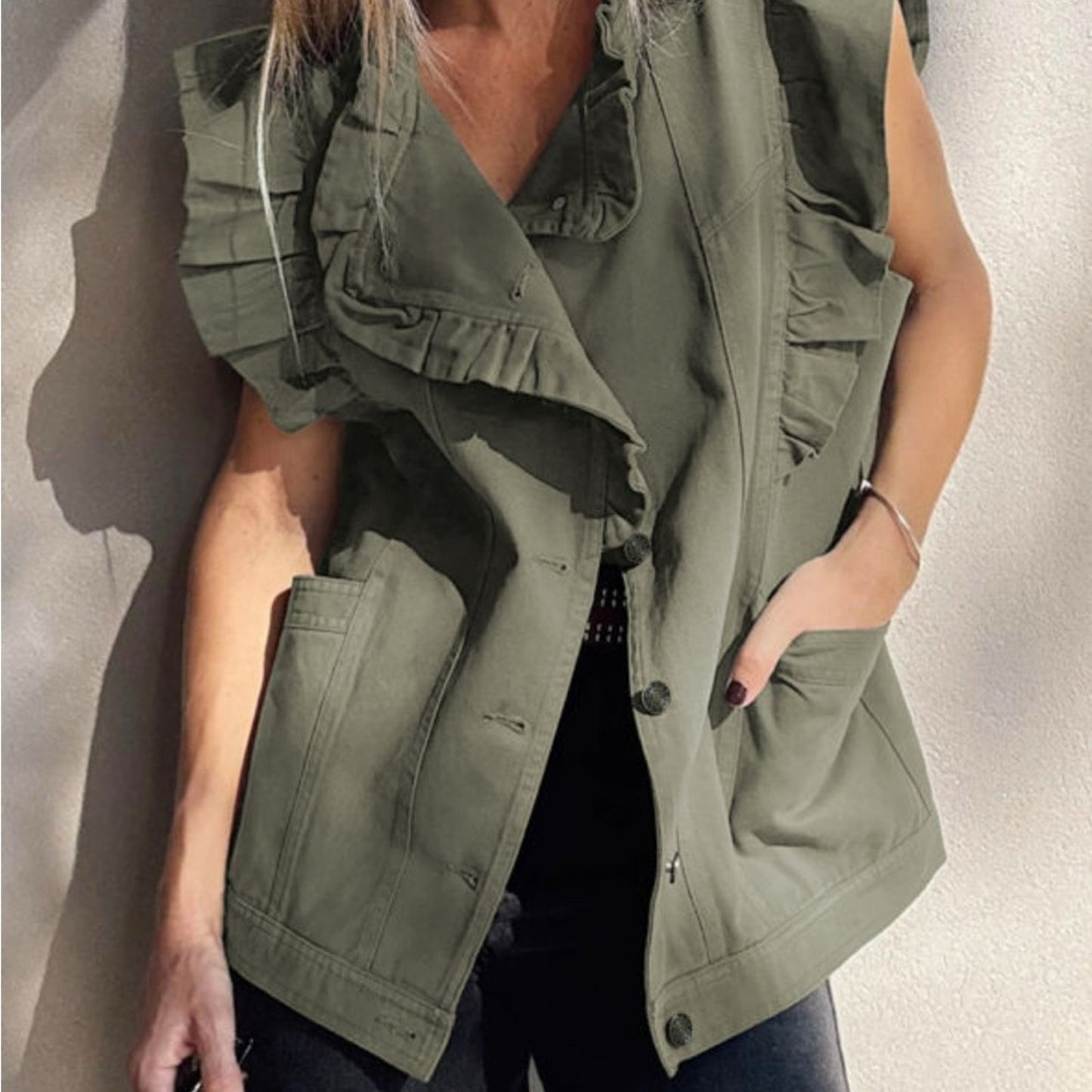 Amber- Ruffled Olive Green Denim Vest
