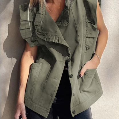 Amber- Ruffled Olive Green Denim Vest